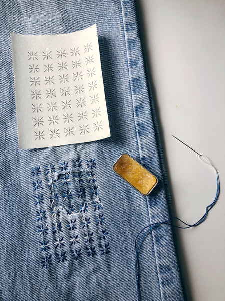 Washable Mending Transfers #1 Blue Sashiko Patterns for Visible Mending